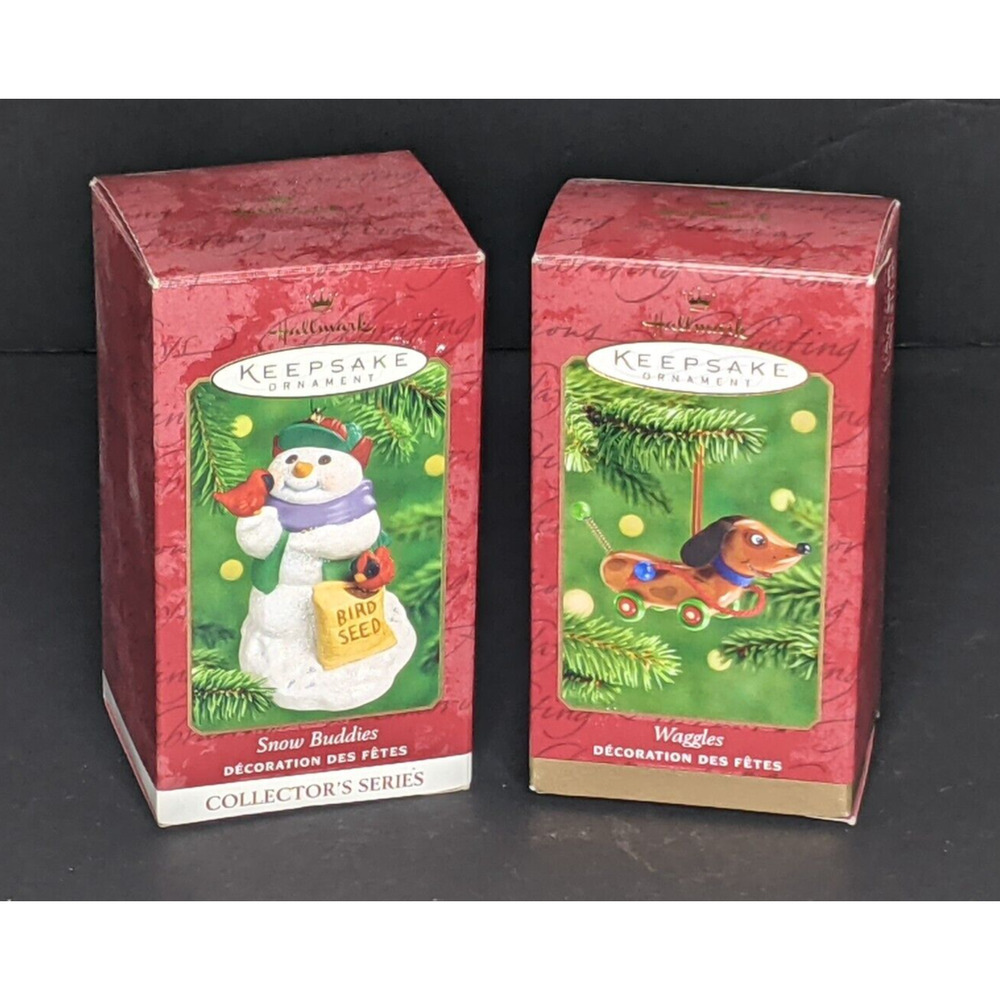 Hallmark Keepsake Ornaments Set 2 WAGGLES DOG & SNOW BUDDIES Both Excellent Cond